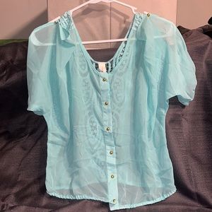 Light Blue Sheer Button Blouse - Embroidered Back - size s